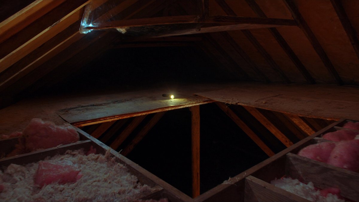 Attic view of roof decking, rafters and insulation, where an inspector checks for leaks and daylight