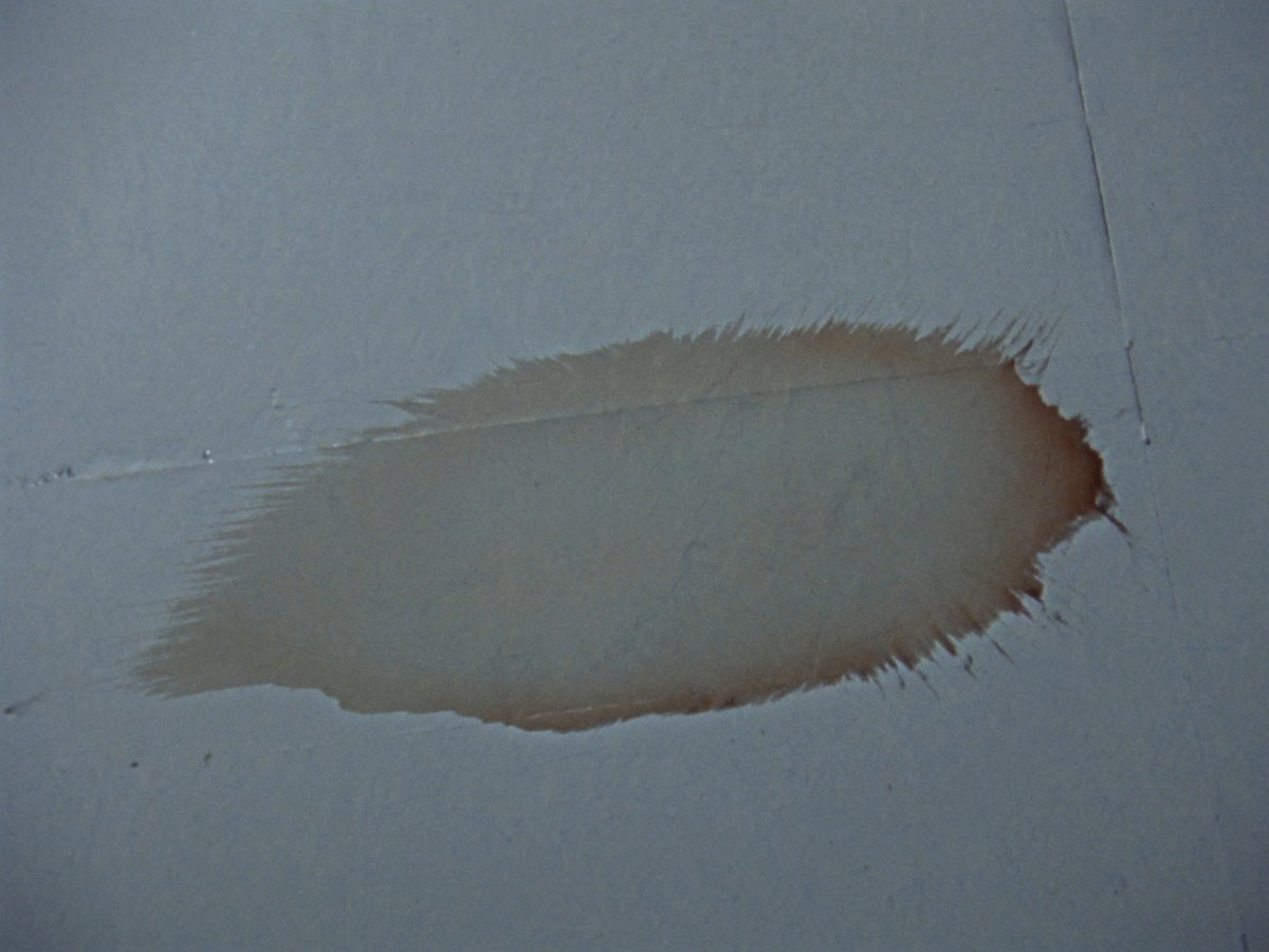 Brown water stain on a white ceiling from a winter roof leak