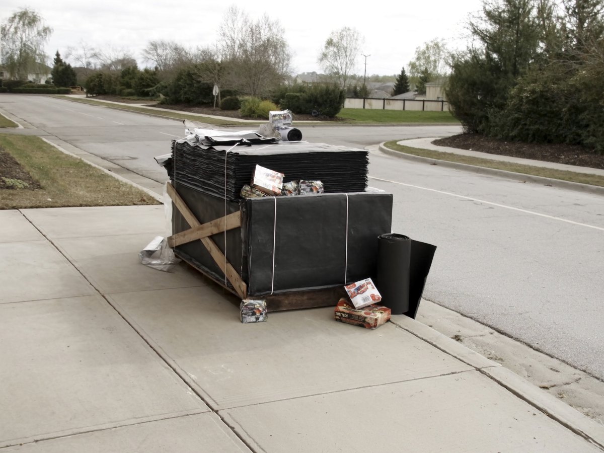 Pallet of shingle bundles, underlayment rolls and roofing supplies staged for a roof replacement